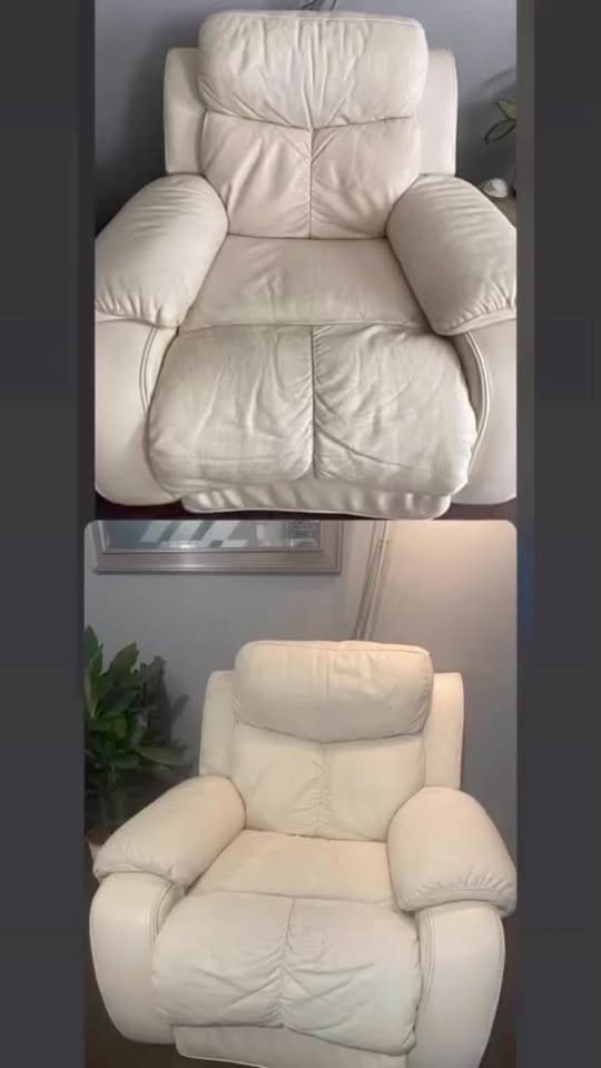 A cream leather recliner before cleaning, above, and after, below