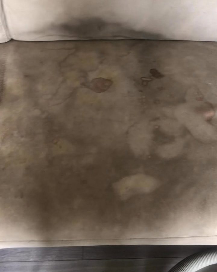 A pale sofa seat covered in water rings and marks